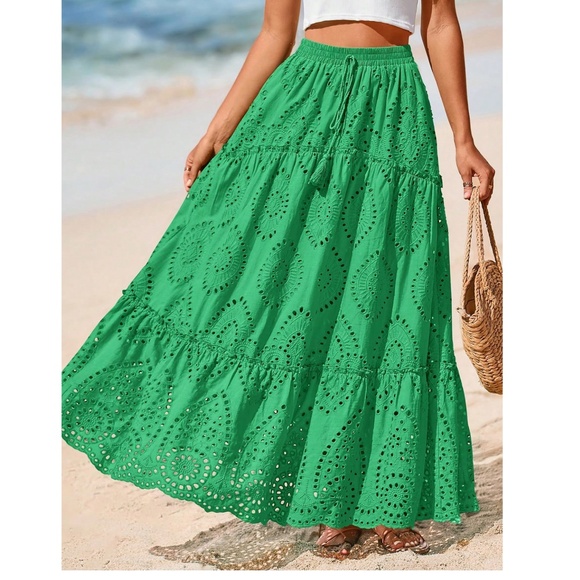 Boho Eyelet Lace stretchy waist Flowy Maxi Skirt - Picture 2 of 15
